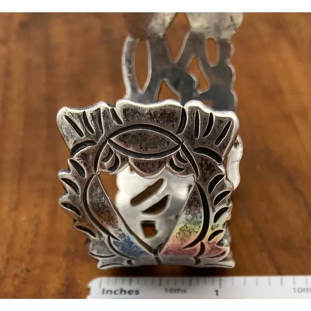 Vintage Mexico Silver Cuff Bracelet Wide Flower Cutout 50.91g Tested Silver 6.5